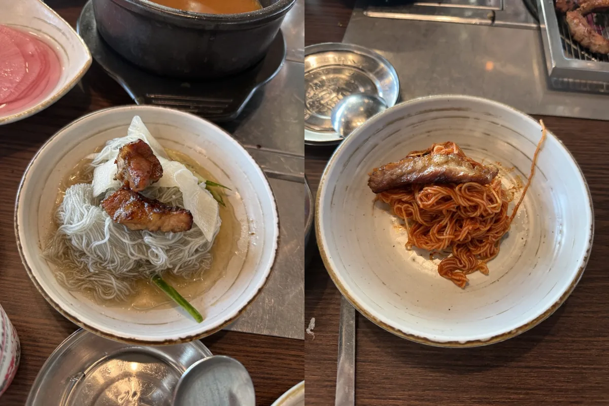 후식으로 먹은 물냉면과 비빔냉면, 위에 갈비 한 점씩 올림